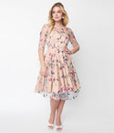 Swing-Skirt Floral Print 3/4 Sleeves Embroidered Mesh Sheer Dress