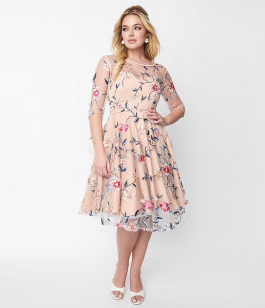 Swing-Skirt 3/4 Sleeves Floral Print Mesh Embroidered Sheer Dress