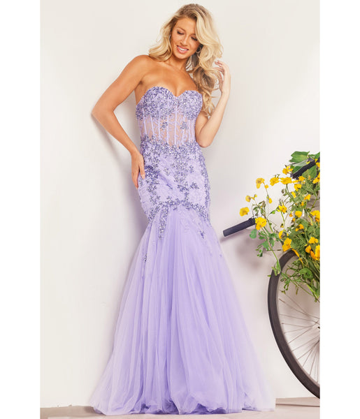 Sophisticated Strapless Sleeveless Sweetheart Corset Waistline Sequined Sheer Embroidered Open-Back Mermaid Tulle Evening Dress