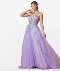 A-line V-neck Tulle Sheer Glittering V Back Floral Print Plunging Neck Ball Gown Evening Dress