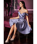 A-line Sweetheart Satin Above the Knee Flowy V Back Off the Shoulder Prom Dress