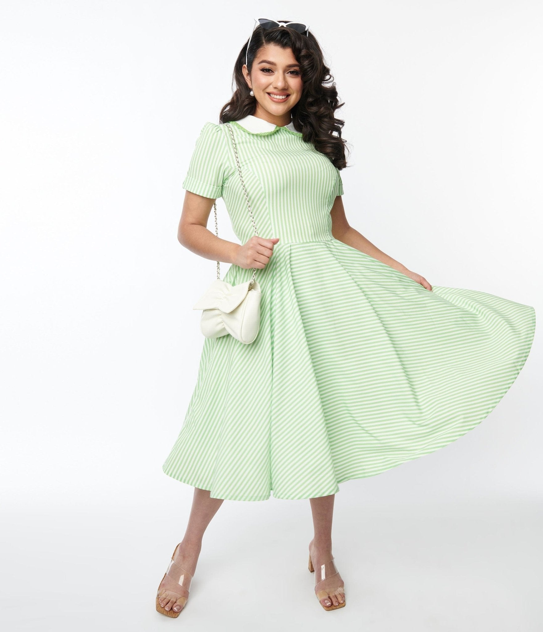 

1940S Lime Green & White Striped Swing Dress
