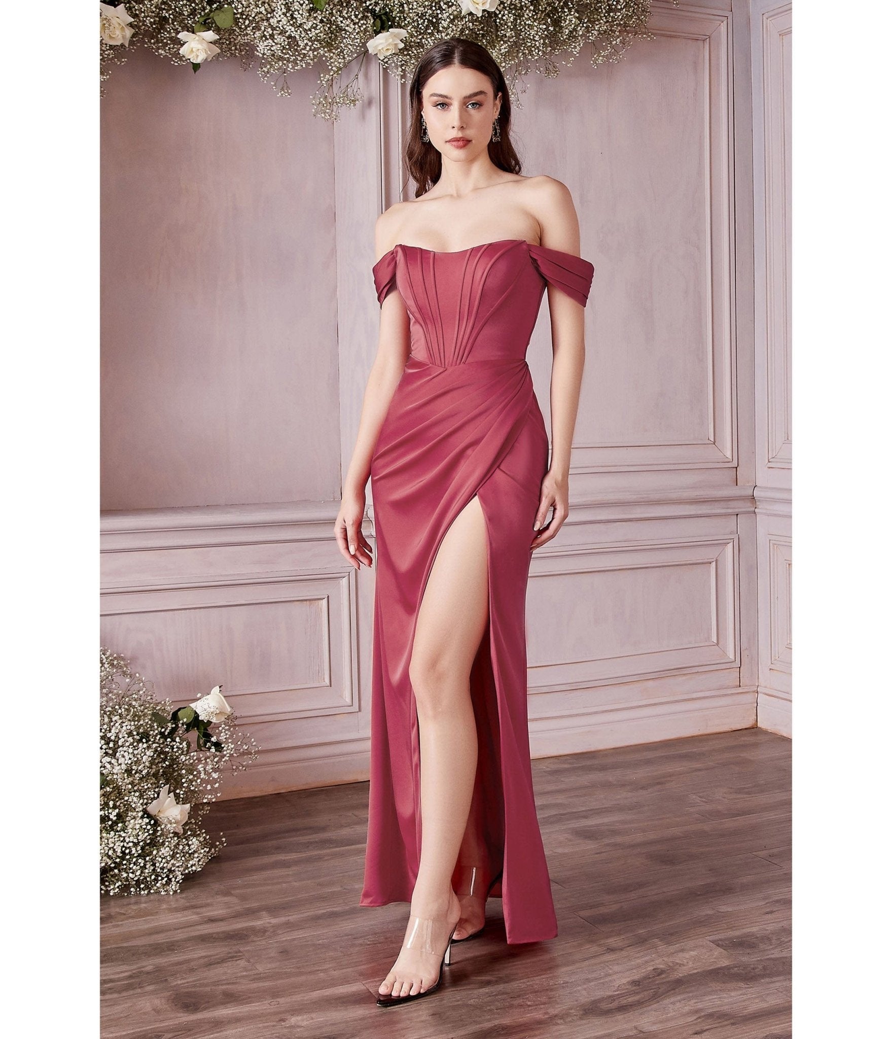 

Cinderella Divine Lipstick Divine Satin Corset Off-Shoulder Prom Dress