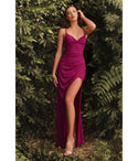 V-neck Cowl Neck Sheath Lace-Up Glittering Slit Sheath Dress/Prom Dress With a Sash