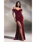 Sweetheart Off the Shoulder Lace-Up Slit Draped Sequined Velvet Prom Dress