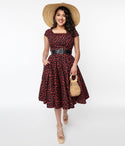 Belted Fitted Square Neck Short Cap Sleeves Swing-Skirt Dress