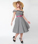 Checkered Gingham Print Belted Swing-Skirt Dress With Ruffles