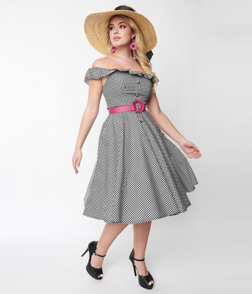 Belted Checkered Gingham Print Swing-Skirt Dress With Ruffles