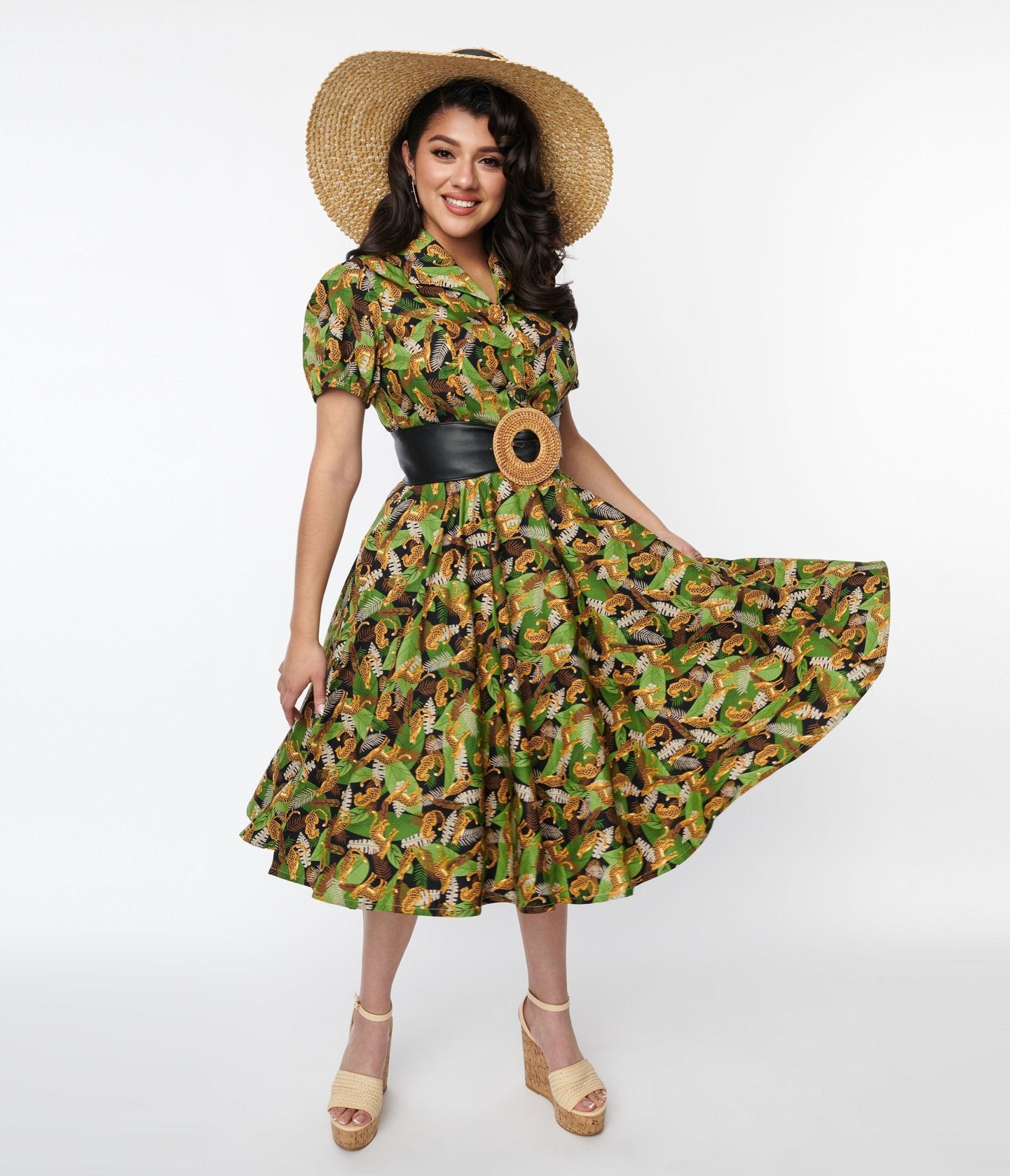 Retro Tiki Dress – Tropical, Hawaiian Dresses Magnolia Place Black Jungle Mona Swing Dress $78.00 AT vintagedancer.com