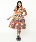 V-neck Swing-Skirt Fitted Applique Mesh Floral Print Short Sleeves Sleeves Party Dress