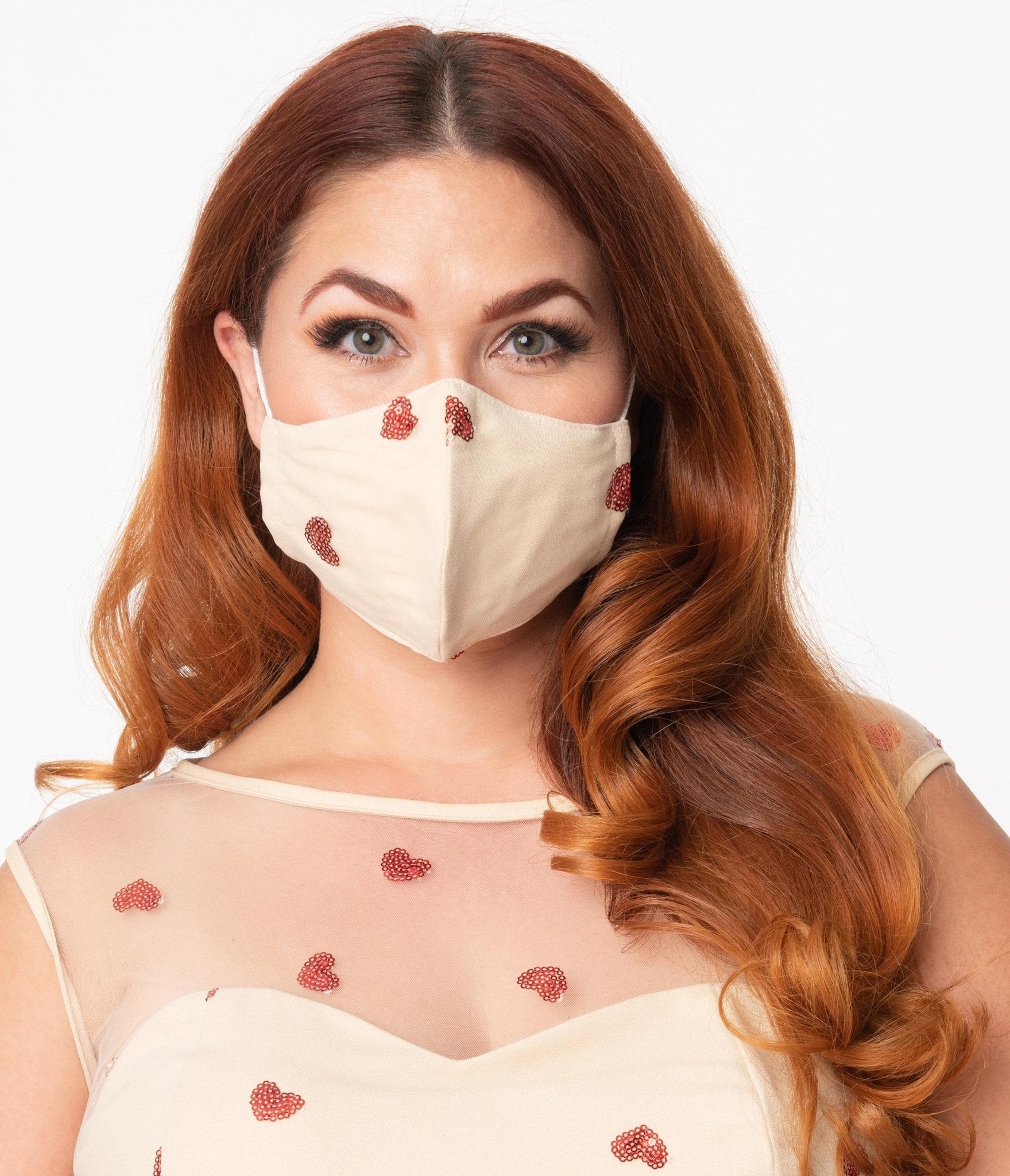 

Magnolia Place Cream Mesh & Red Sequin Hearts Face Mask