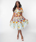 V-neck Short Sleeves Sleeves Floral Print Applique Mesh Fitted Swing-Skirt Party Dress