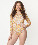 Mustard Floral Print Long Sleeve Swimsuit