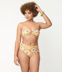 1970s Mustard Floral Print Two Piece Swimsuit