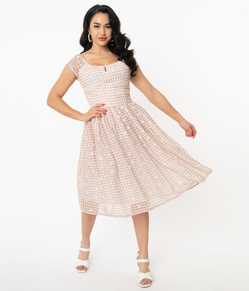 Scoop Neck Sheer Keyhole Short Sleeves Sleeves Off the Shoulder Checkered Gingham Dots Print Swing-Skirt Dress With Pearls