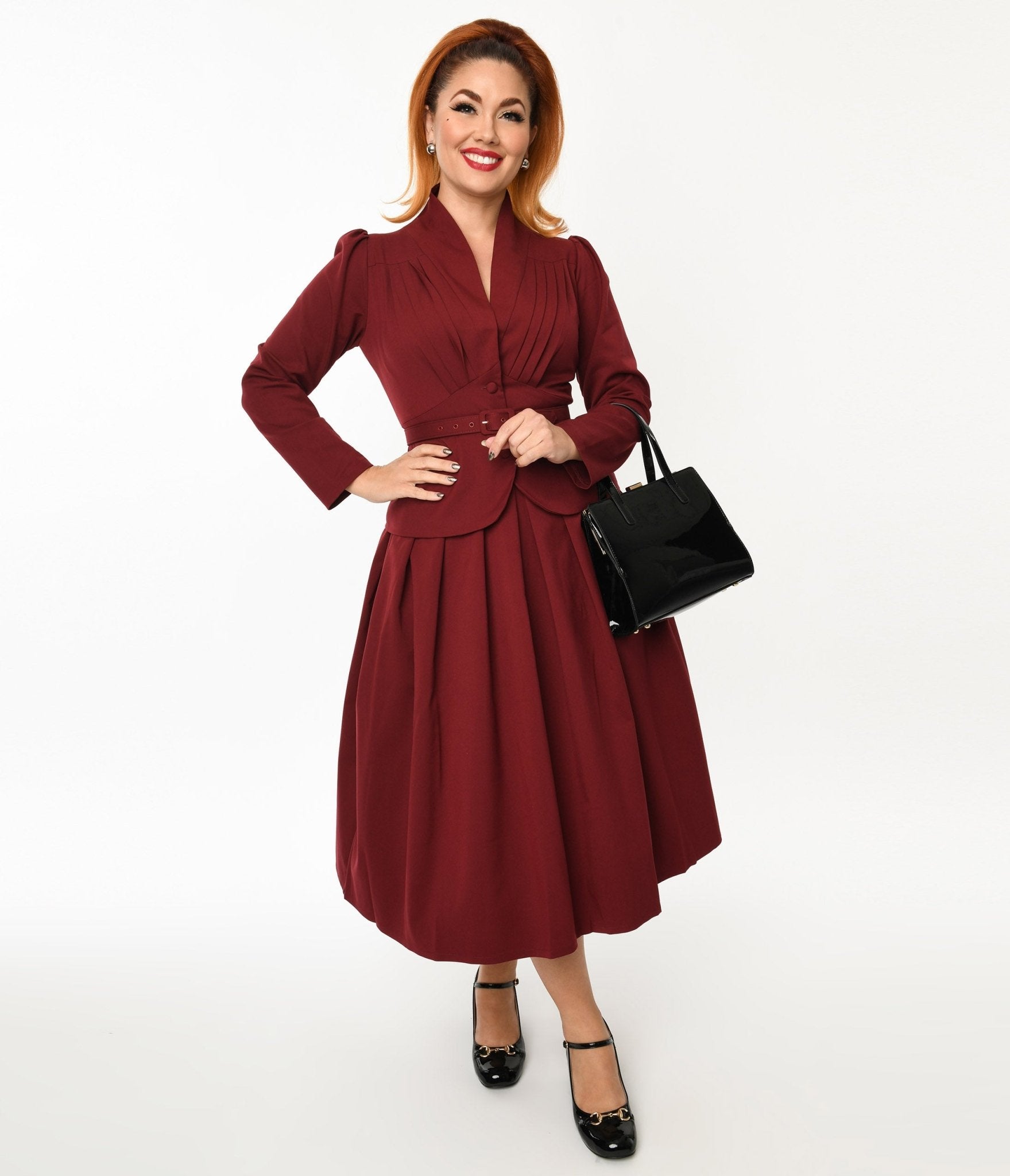 1950s Swing Dresses | 50s Swing Dress Maroon Jemima Two Piece Jacket  Midi Skirt Set $176.00 AT vintagedancer.com