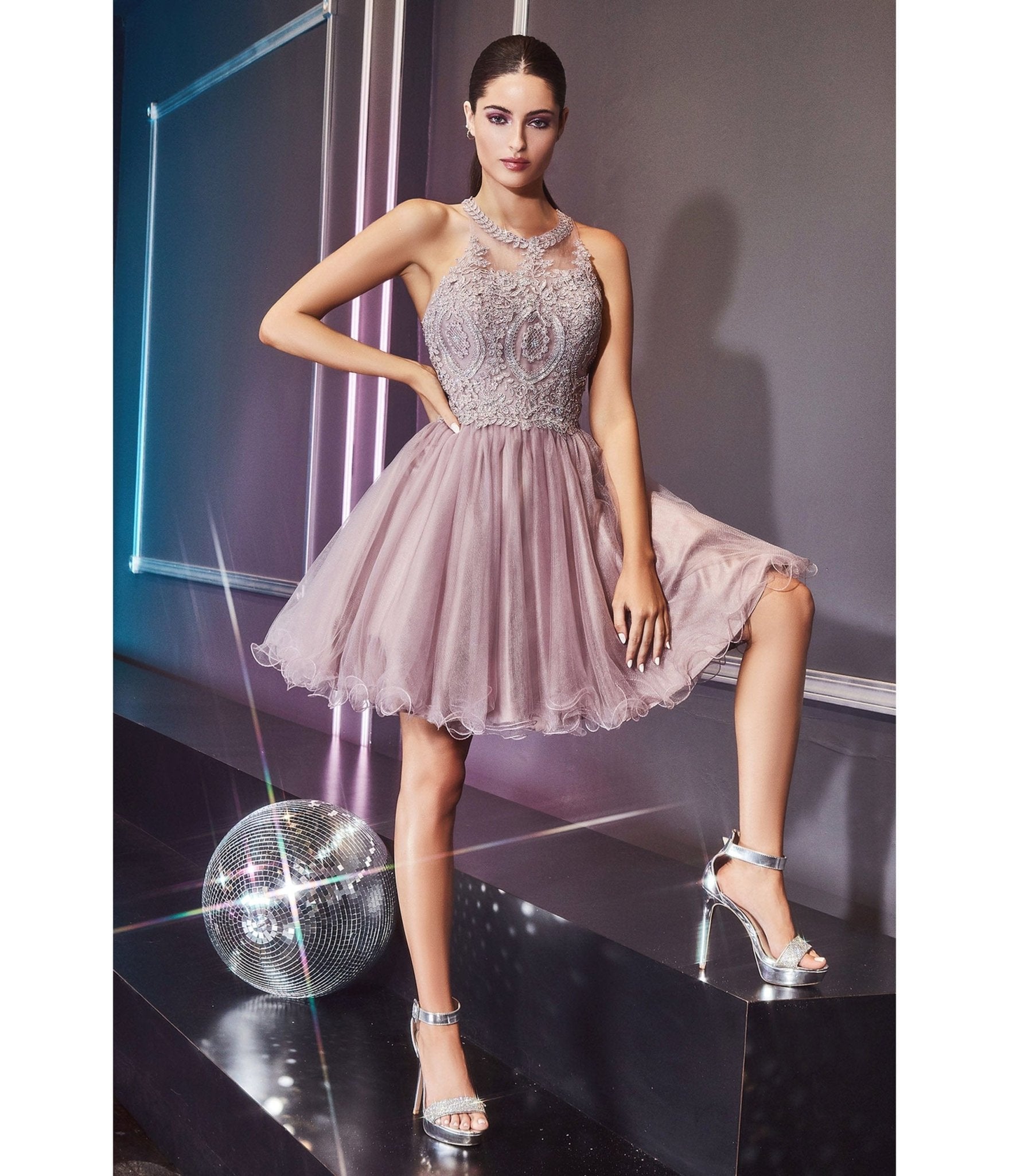 

Cinderella Divine Mauve Beaded Lace Ballerina Homecoming Dress