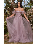 A-line Strapless Applique Puff Sleeves Sleeves Floral Print Tulle Prom Dress