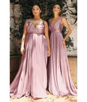 A-line V-neck Self Tie Slit Flowy Satin Bridesmaid Dress