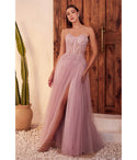 A-line Floor Length Corset Waistline Shirred Beaded Lace-Up Open-Back Slit Sheer Glittering Applique Sweetheart Sleeveless Spaghetti Strap Dress