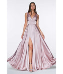 A-line V-neck Satin Shirred Slit Empire Waistline Bridesmaid Dress