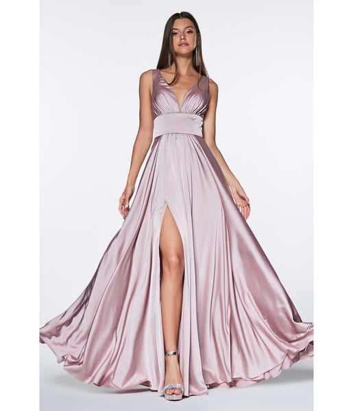 A-line V-neck Slit Shirred Satin Empire Waistline Bridesmaid Dress