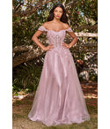 A-line Floor Length Off the Shoulder Glittering Sheer Back Beaded Corset Waistline Prom Dress with a Brush/Sweep Train