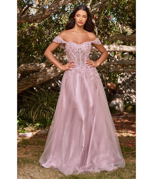 A-line Floor Length Beaded Sheer Back Glittering Off the Shoulder Corset Waistline Prom Dress with a Brush/Sweep Train