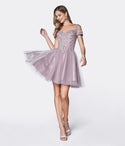 A-line Sweetheart Cold Shoulder Sleeves Glittering Applique Beaded Short Homecoming Dress