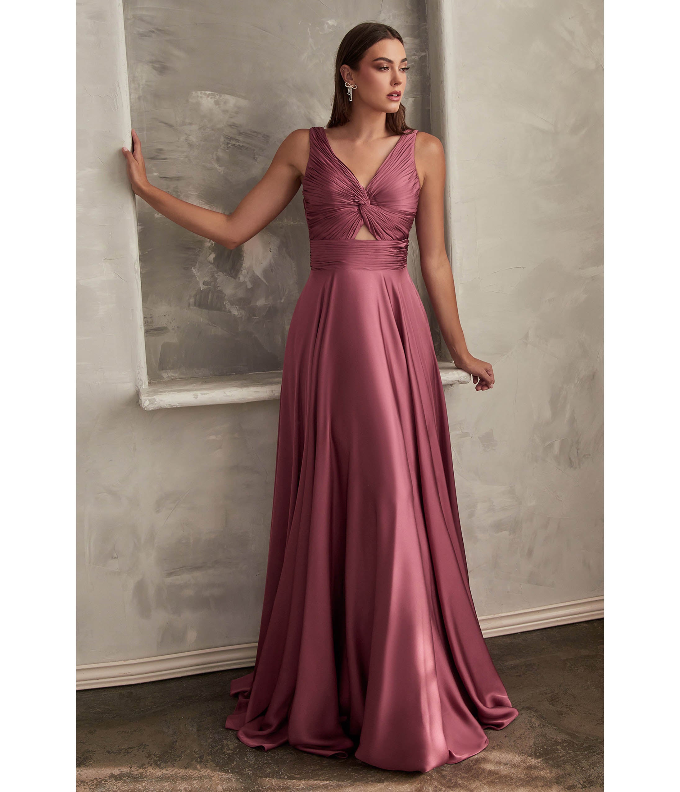 

Cinderella Divine Mauve Rose Satin Ruched Knotted Keyhole Evening Gown