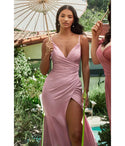 V-neck Floor Length Satin Spaghetti Strap Slit Ruched Faux Wrap Prom Dress