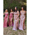 Off the Shoulder Floor Length Corset Waistline Cowl Neck Slit Draped Satin Bridesmaid Dress