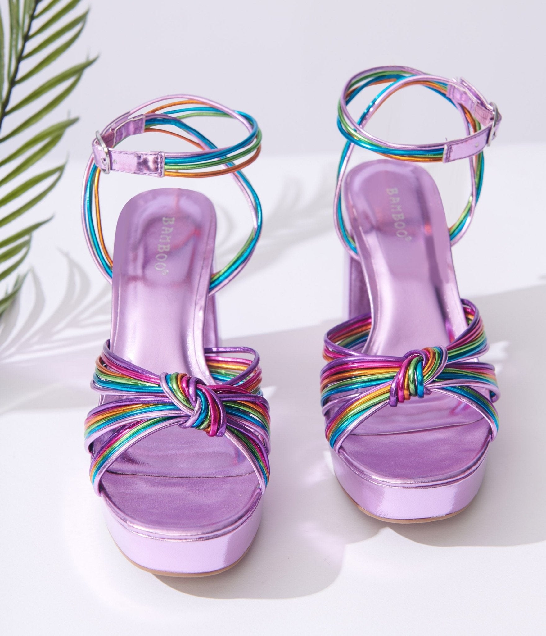 

Metallic Purple & Rainbow Strap Platform Heels