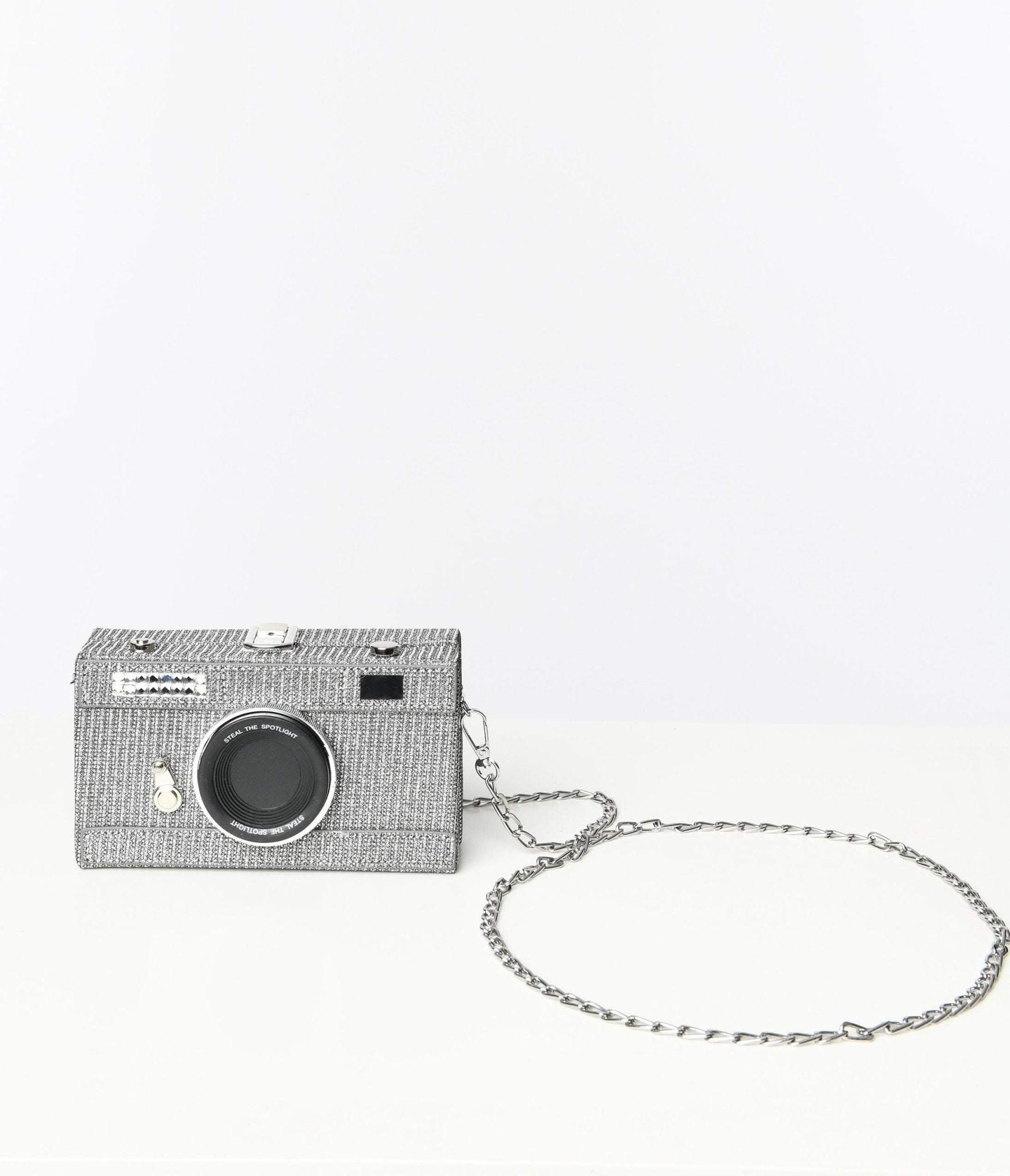 

Metallic Silver Camera Crossbody Bag