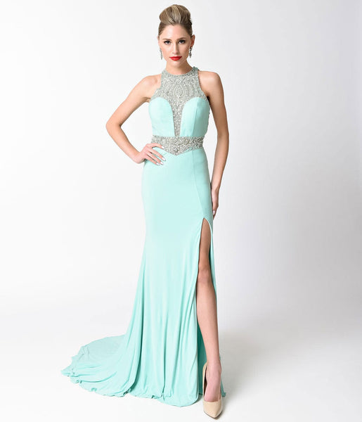 Tall Plus Size Sexy Slit Fitted Jeweled Illusion Halter Prom Dress