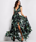 Sophisticated V-neck Chiffon Open-Back Slit Cutout Floral Print Sleeveless Maxi Dress With Ruffles