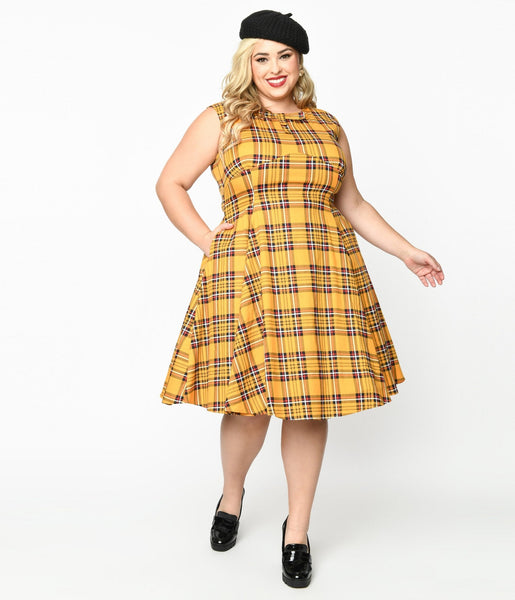 Plaid Print Swing-Skirt Pocketed Collared Dress With a Bow(s)