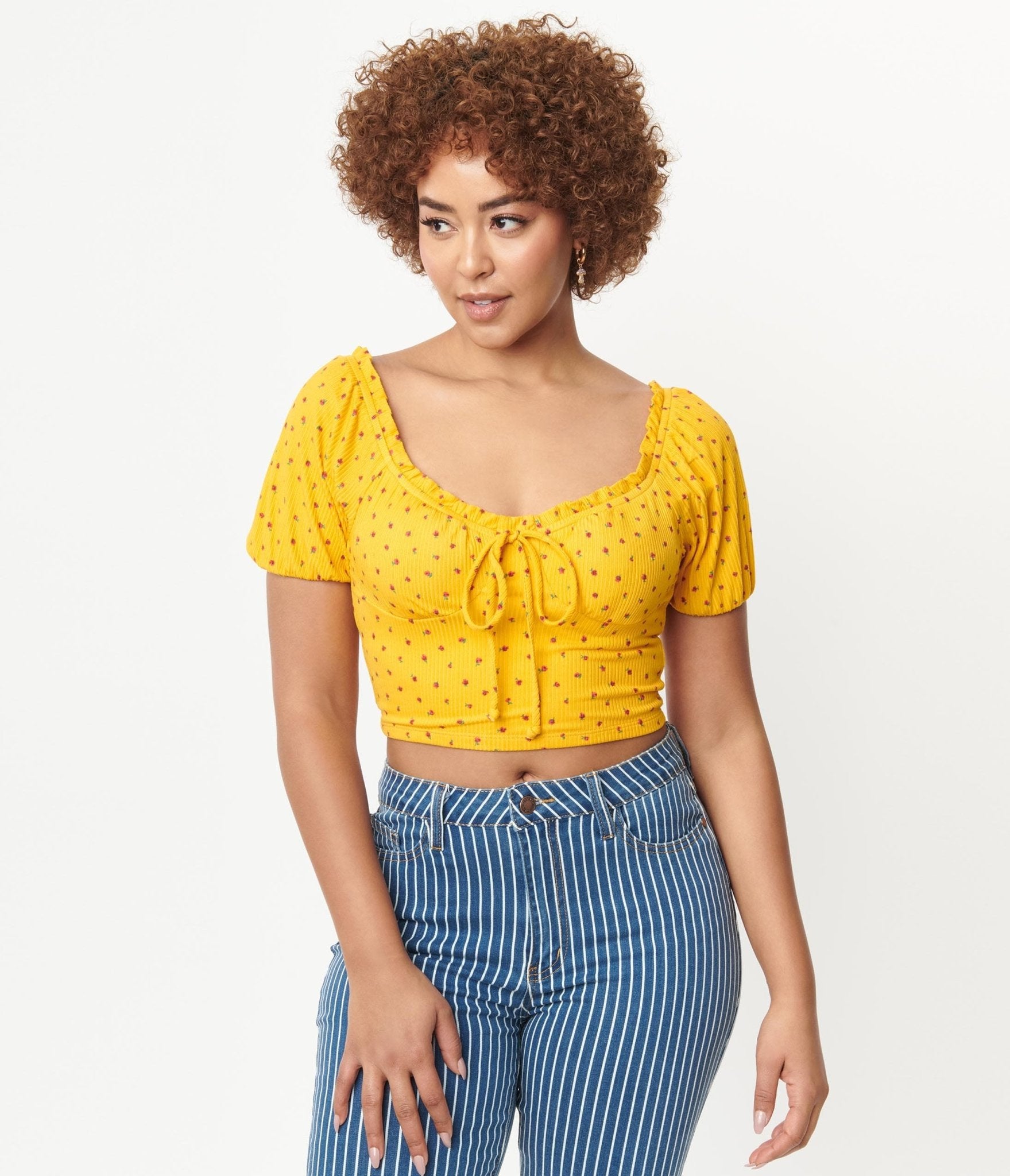 

Mustard Ditsy Floral Ruffle Crop Top