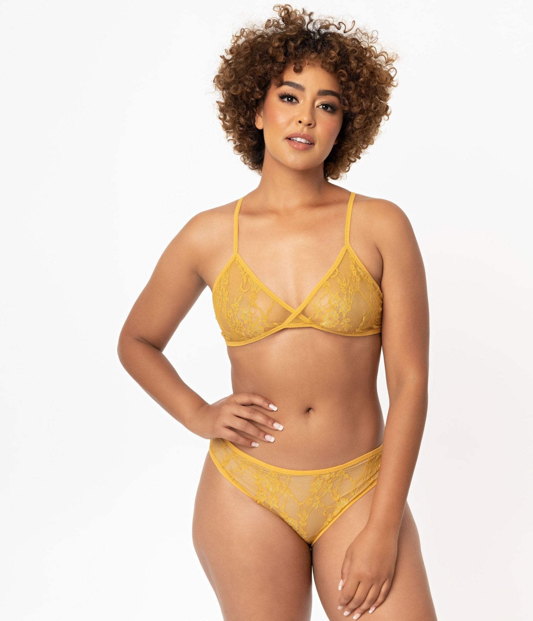 

Mustard Sheer Lace Cross Back Bralette