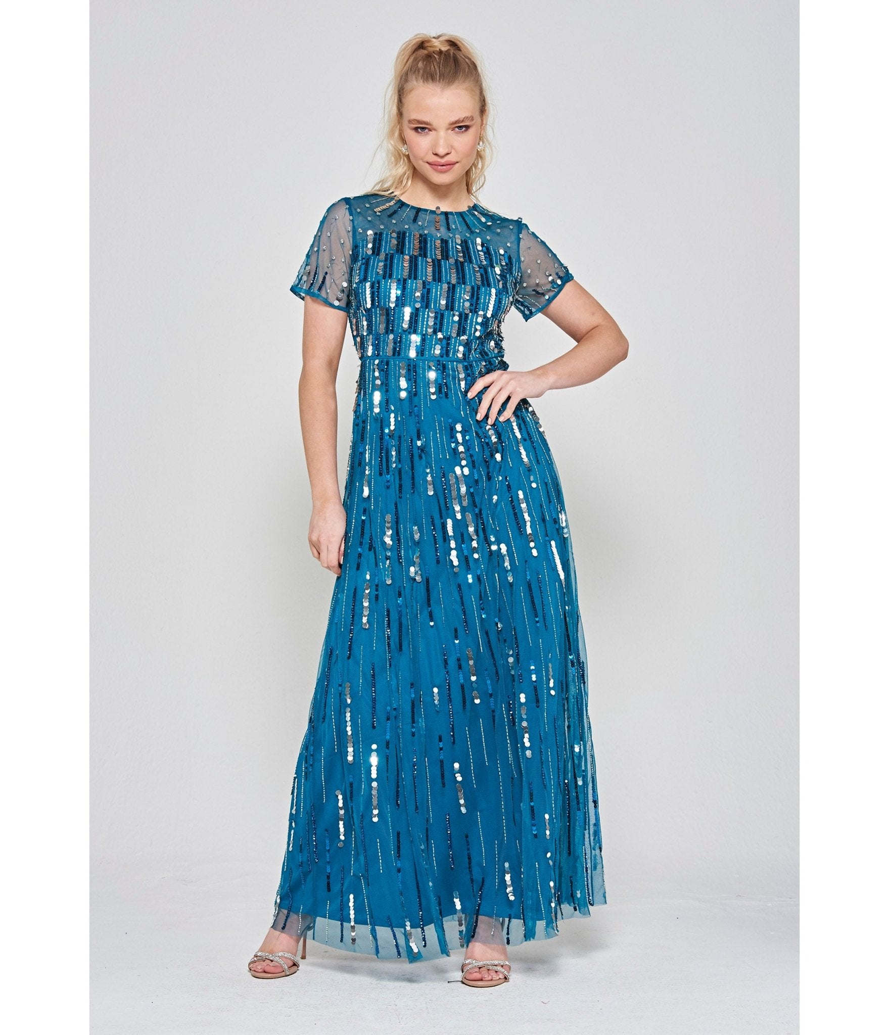 

Mykonos Blue Sequin Art Deco Maxi Dress