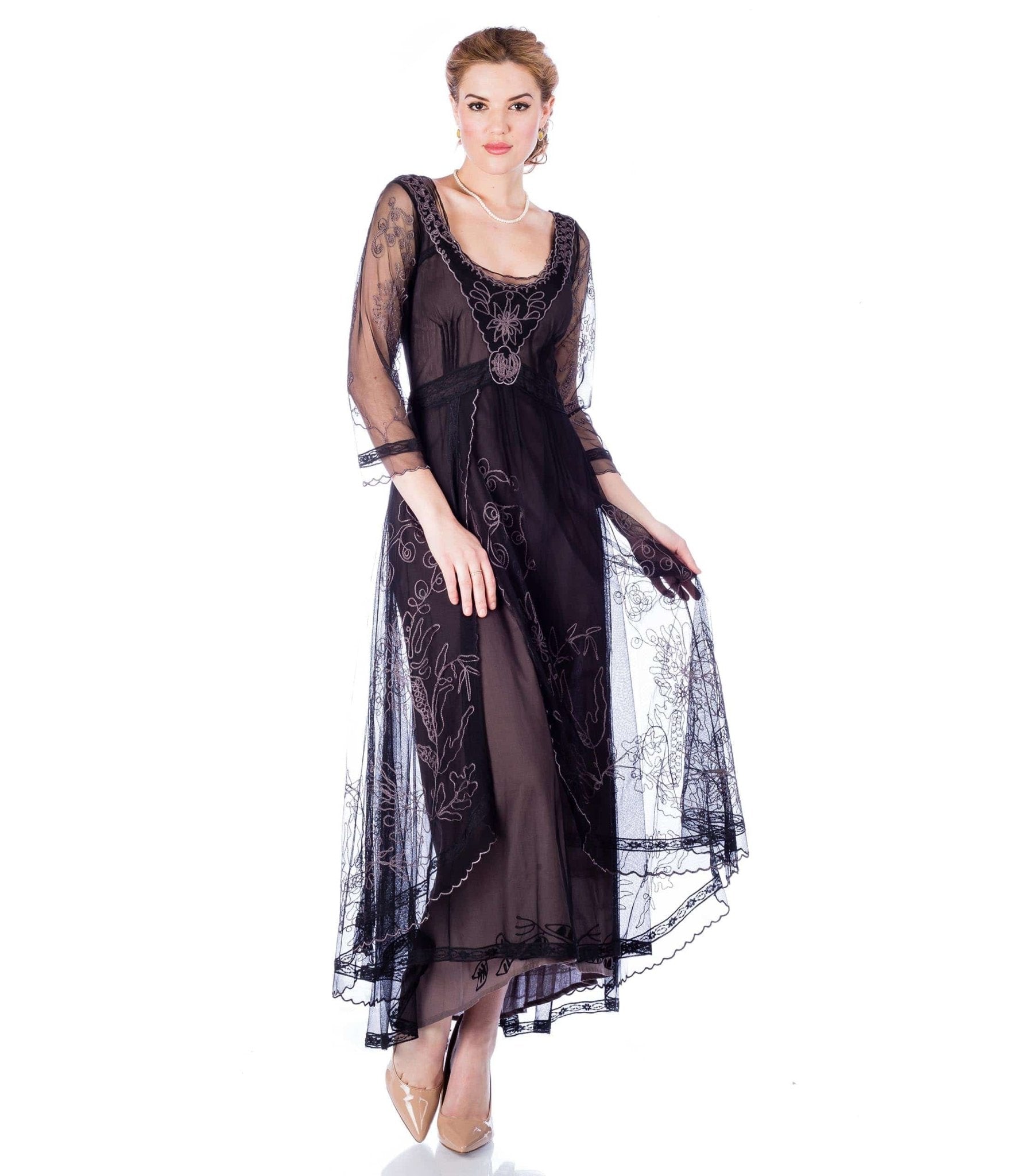 

Nataya Black Embroidered Tulle Downton Abbey Edwardian Tea Party Flapper Dress
