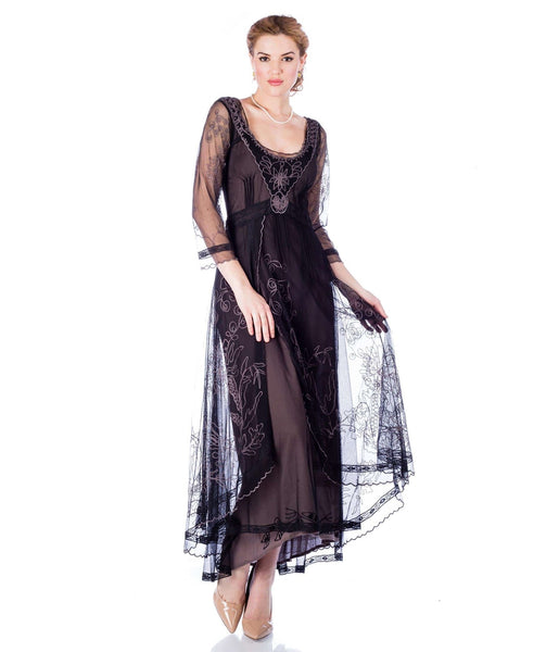 Scoop Neck 3/4 Sleeves High-Low-Hem Sheer Mesh Embroidered Party Dress