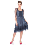 Flutter Sleeves Dots Print Pleated Vintage Sweetheart Corset Princess Seams Waistline Dress