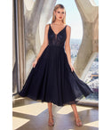 Sophisticated A-line V-neck Sleeveless Chiffon Beaded Sheer Fitted Plunging Neck Tea Length Dress