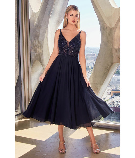 Sophisticated A-line V-neck Chiffon Sleeveless Plunging Neck Tea Length Sheer Fitted Beaded Dress