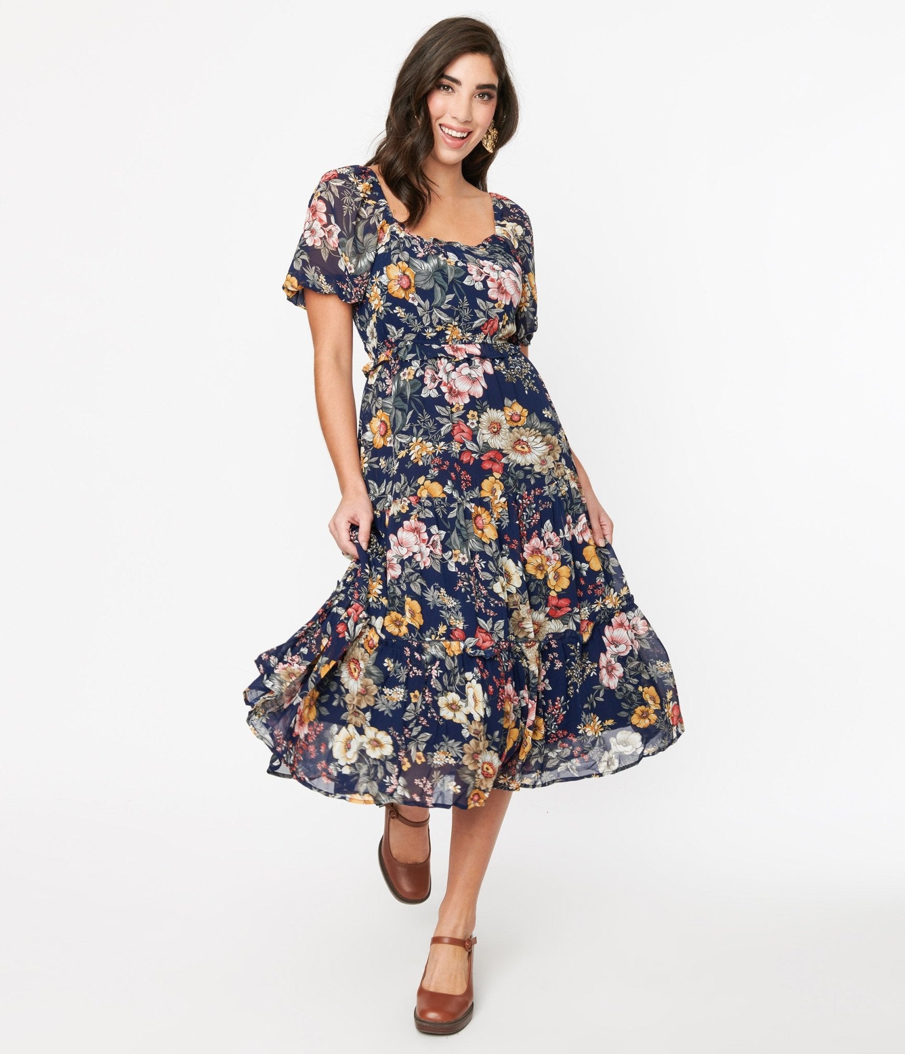 

1970S Navy Blue Floral Puff Sleeve Midi Dress