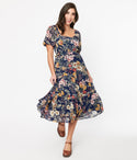 Puff Sleeves Sleeves Floral Print Pocketed Scoop Neck Midi Dress