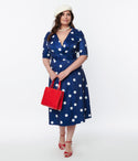 V-neck Polka Dots Print Swing-Skirt Belted Wrap Satin Short Sleeves Sleeves Collared Dress