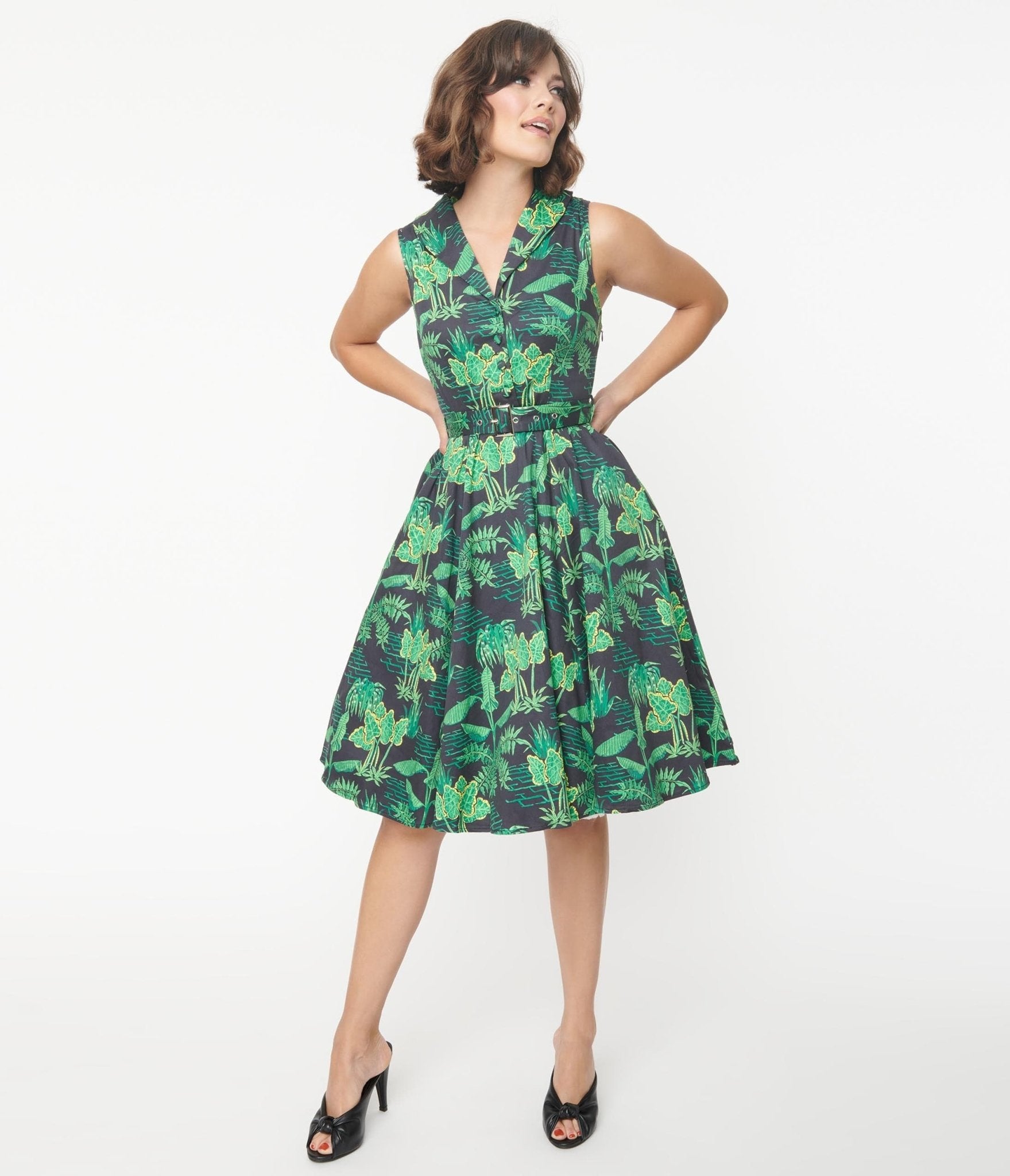 

Navy & Green Tropical Print Jani Swing Dress