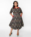 Collared General Print Short Sleeves Sleeves Back Zipper Pocketed Swing-Skirt Dress